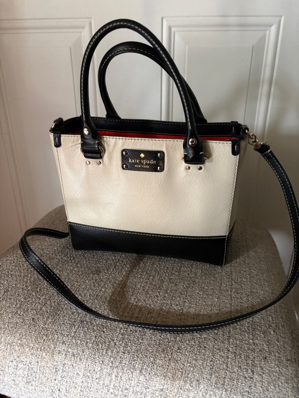 kate spade Cream and Black Leather Two-Tone Satchel with Red Trim